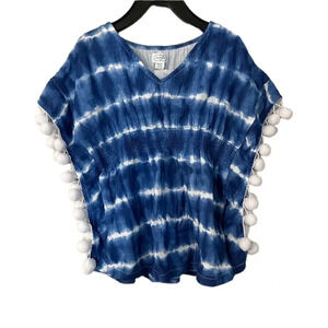 Mud Pie Girls Beach Swimsuit Cover Up Blue Tie Dye with Pom Poms Sz 2T-3T NWT
